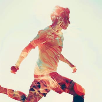 Double exposure of a Soccer player ready to kick the ball at the stadium. Generative AI