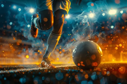 Soccer player in a fiery field at the stadium. Generative AI