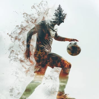 Double exposure of a soccer player ready to kick the ball at the stadium. Generative AI