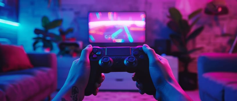 Close-up of a gamer's hands holding a video game controller immersed in vivid neon lighting, conveying a sense of action and entertainment