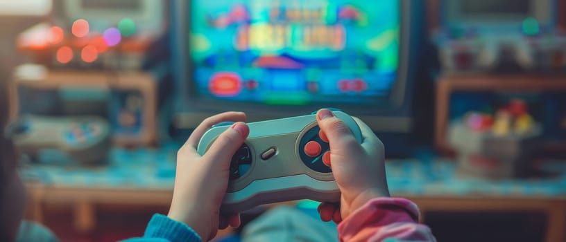 Close-up of hands holding a classic game controller, playing video games on a television in a cozy living room setting