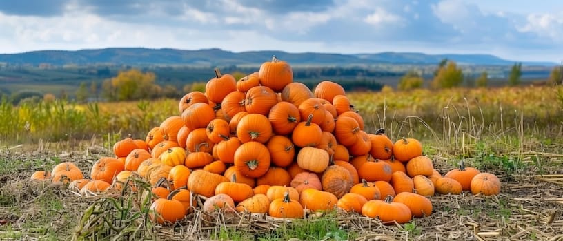 Golden sunlight bathes a pumpkin field during harvest time, creating a warm, inviting autumnal scene