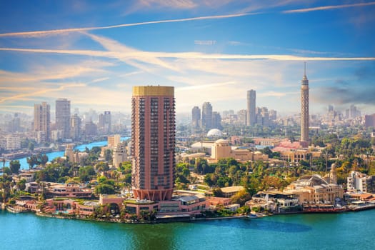 Aerial view of Gezira island on the Nile at sunset, Cairo, Egypt.