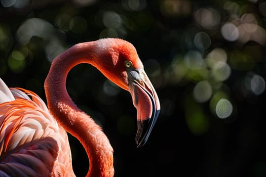 A close-up view of a flamingo with its distinctive pink plumage, long legs, and curved beak. The background is intentionally blurred, enhancing the focus on the bird.