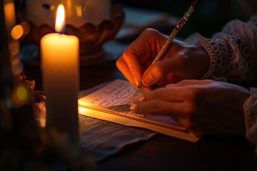 A person is sitting at a desk, writing on a piece of paper. In the background, there is a lit candle casting a warm glow. The persons hand holds a pen, making deliberate strokes on the paper.