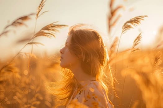 A young girl is seen standing amongst a vast field of tall grass. She appears curious as she gazes at her surroundings, taking in the natural landscape around her.