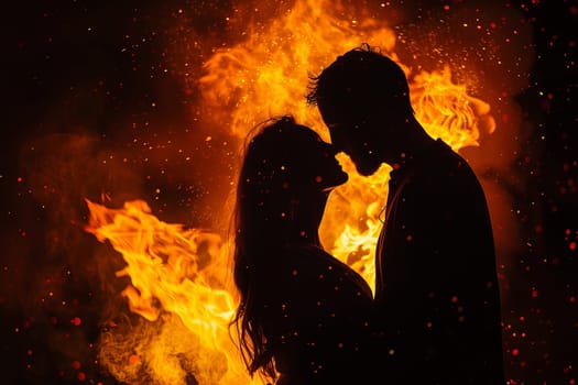 A man and a woman are sharing a kiss in front of a crackling fire, their silhouettes illuminated by the warm glow. The couple is embracing closely, with the flames flickering in the background.