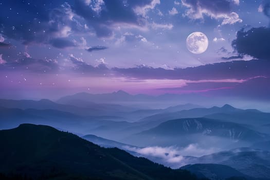 A scenic view showcasing a mountain range under the full moon in the night sky, creating a stunning natural landscape.