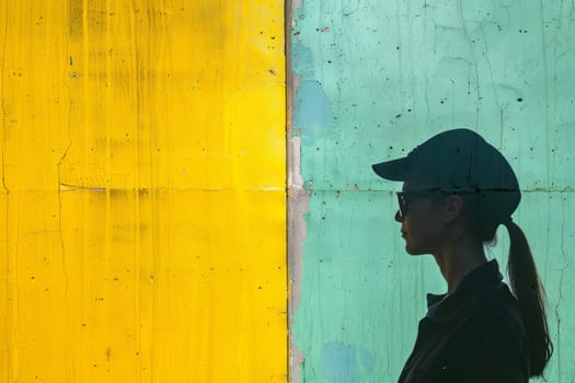 A woman is seen standing in front of a vibrant yellow and green wall, looking directly at the camera. She appears confident and poised, with a neutral expression on her face. The colors of the wall contrast sharply, creating a striking backdrop.