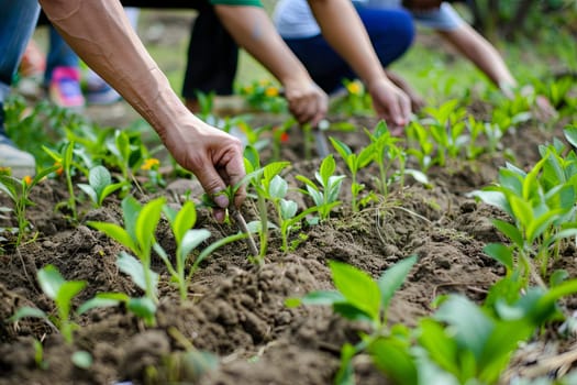 A group of individuals actively engage in tasks within a vast open field. Some are planting seeds, while others water crops or tend to livestock. The scene captures the essence of agricultural teamwork and collaboration.