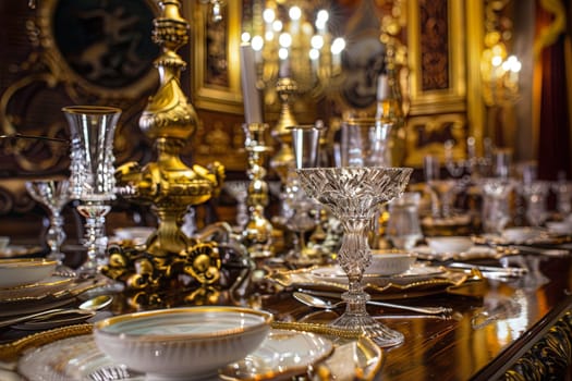 A dining room table is elegantly set with shiny gold and pristine white dishes, creating a luxurious and sophisticated dining experience. The table is carefully arranged with plates, glasses, and utensils, ready for a formal meal.