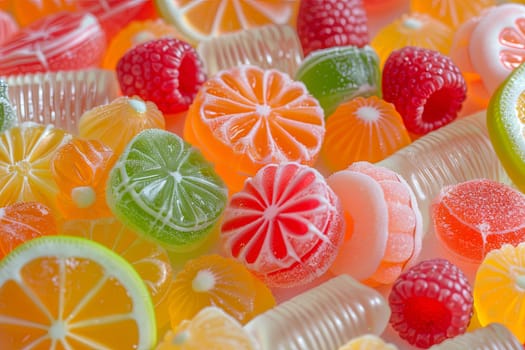 A close-up view of a variety of colorful fruit candies tightly packed together. The candies are in different shapes and sizes, showcasing a range of vibrant colors like red, orange, yellow, green, and purple. These candies are arranged in a bunch, creating a visually appealing and tempting display.