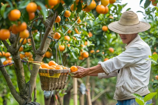 A man is standing on a ladder in an orange orchard, carefully picking ripe oranges from a tree. He is wearing a hat and work gloves, focused on the task at hand.