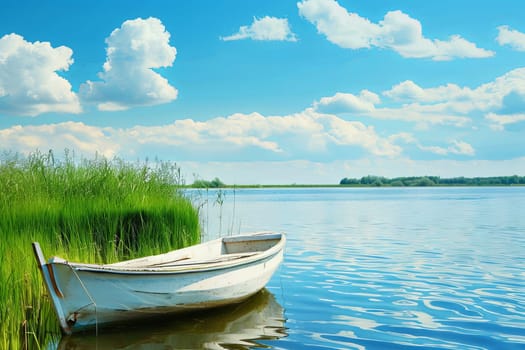 A white boat peacefully floats on a calm body of water, reflecting the clear blue sky above. The boat casts a gentle ripple as it sits motionless atop the tranquil surface.