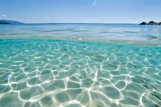 This view shows the ocean from below, with sunlight filtering through the water to illuminate the marine life and the ocean floor. The image captures the vastness of the ocean with various sea creatures swimming around in their natural habitat.