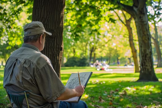 A man is seated in a chair, engrossed in a book that he holds in his hands. He appears focused and concentrated on the text, with his posture relaxed yet attentive.