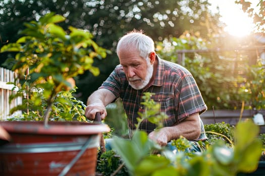 An older man is seen working in his garden under the bright sun, gently tending to his plants and flowers with care and attention. He is focused and engaged in his gardening tasks, utilizing tools and equipment to maintain the garden.