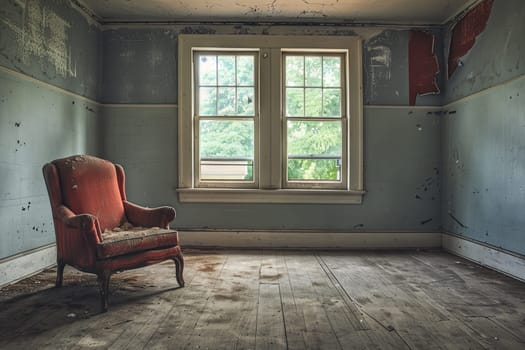 A simple wooden chair is situated in a room with peeling paint on the walls, creating a sense of neglect and decay in the space. The chair stands as a lone piece of furniture amidst the deteriorating environment.