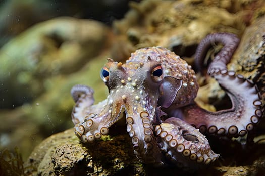 A detailed view of an octopus crawling on a rocky surface. The octopuss suction cups are visible, gripping onto the rough texture of the rock. Its tentacles curl and extend, searching for movement or prey. The colors and patterns of the octopus blend seamlessly with the surrounding environment.