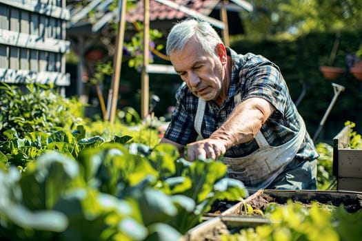 An older man is actively engaged in gardening, tending to plants and soil. He is focused and expertly caring for his garden with tools in hand.