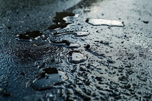 Close up view of water droplets scattered across a paved road surface. The droplets reflect the light, creating a glistening effect on the dark pavement. The road appears wet, indicating recent rainfall.