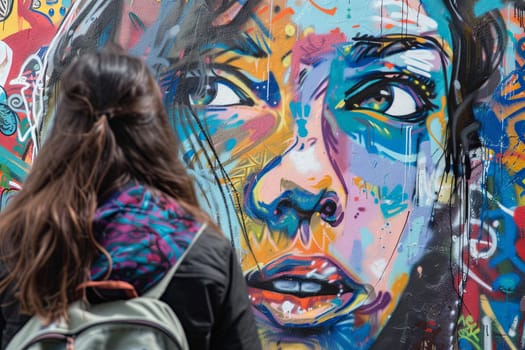 A woman is walking past a wall covered in vibrant graffiti art. She is casually strolling by, engrossed in the colorful and artistic display that lines the wall.