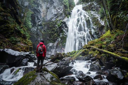 A man wearing a red jacket stands in front of a powerful waterfall, gazing at the cascading water with awe and admiration. The scenery is rugged and impressive, showcasing the force of nature in its raw form.