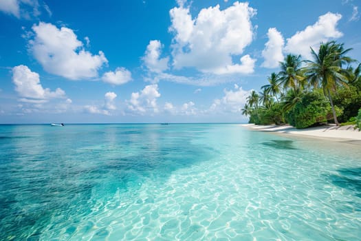 A tropical beach with crystal clear blue water and tall palm trees lining the shore. The sun shines brightly, casting a warm glow on the white sand. Waves gently lap at the beach, creating a soothing sound.