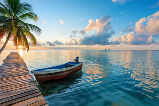 A boat is seen resting on top of a body of water. The boats hull is visible, and it appears to be stationary on the calm water surface.