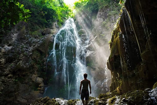 A man in outdoor clothing stands facing a powerful waterfall, surrounded by rocks and mist. The man appears small compared to the waterfalls grandeur.