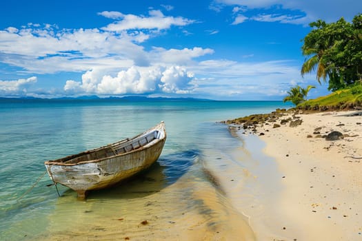 A boat is docked on top of a sandy beach, with calm waves gently lapping at the shore. The boat appears to be at rest, surrounded by the golden sands of the beach.