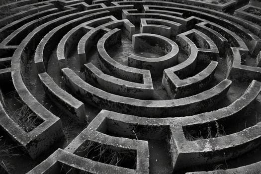 A black and white maze fills the frame, with intricate pathways twisting and turning. The maze appears challenging and complex to navigate, with dead ends and multiple branching routes.