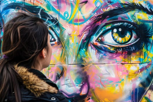 A woman stands in front of a vibrant graffiti-covered wall, looking at the colorful street art. The urban setting showcases a mix of tags, murals, and colorful designs.
