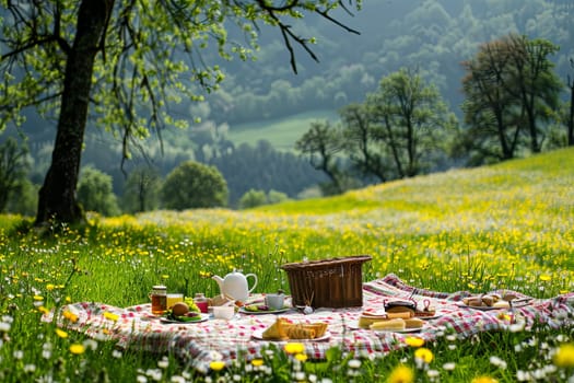 A group of people enjoying a picnic in the middle of a vast field filled with colorful flowers. They are sitting on a checkered blanket, surrounded by a sea of blossoms under a clear blue sky.