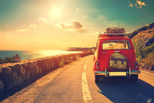 A red van is seen driving along a coastal road next to the ocean. The van is moving parallel to the water, with waves crashing against the shore on one side and sprawling cliffs on the other. The clear blue sky above complements the vibrant red of the van as it travels through this scenic coastal landscape.