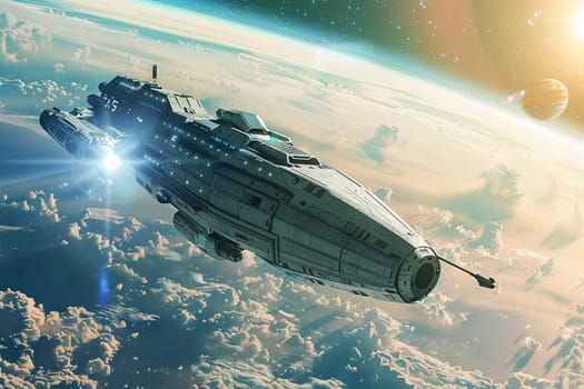 A space ship is seen soaring through the sky above the Earth. The spacecraft is navigating through the Earths atmosphere with a view of the planets surface below.