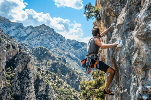 A man in climbing gear is ascending the steep side of a rocky mountain, maneuvering carefully and confidently. The challenging terrain and sheer cliff face showcase his determination and skill in conquering the heights.