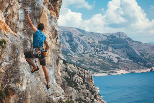 A man wearing climbing gear is ascending a steep rock face on the side of a mountain. He is using ropes and equipment to make his way up, displaying strength and determination in the challenging terrain.