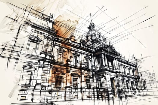 A detailed drawing of a building with a prominent clock tower standing tall. The architectural elements are intricately portrayed, showcasing the grandeur and historical significance of the structure.