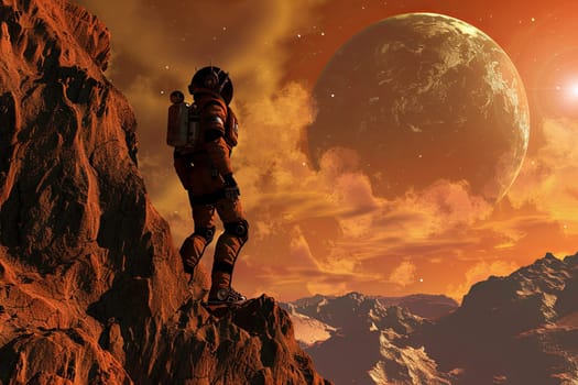 A man stands proudly atop a rocky mountain, with rugged terrain stretching into the distance. The sky is clear, showcasing the challenging ascent he conquered to reach this point.