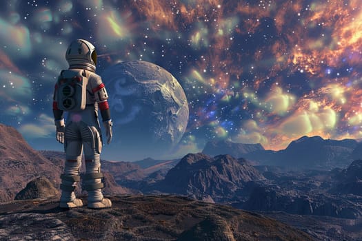 An astronaut in a space suit stands confidently on top of a mountain, gazing up at the vast expanse of stars strewn across the night sky.