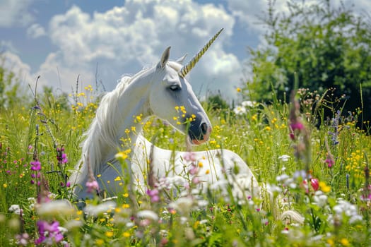 A white unicorn is laying gracefully in a field of colorful flowers. The unicorns coat glistens in the sunlight as it peacefully rests among the vibrant blooms.