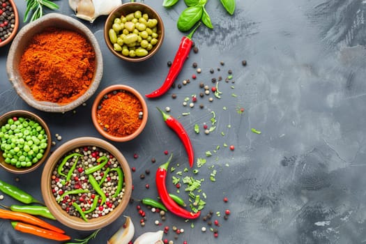A wooden table is covered with an assortment of bowls filled with different types of spices. Each bowl contains a unique blend of vibrant colors and textures, showcasing the variety of flavors used in cooking.