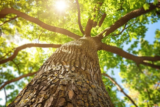 The suns rays shimmer through the vibrant green leaves of a tree, creating a natural play of light and shadow. The leaves sway gently in the breeze, casting intricate patterns on the ground below.