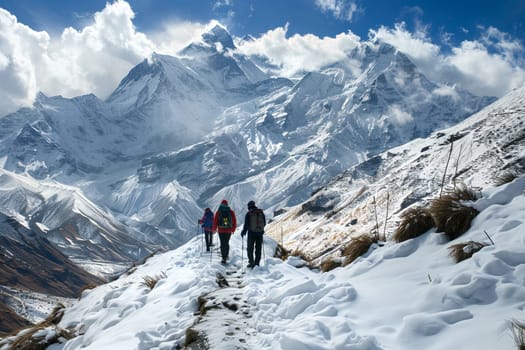 A group of individuals, bundled up in winter gear, trekking up a snow-covered mountain. Their footsteps leave tracks in the fresh snow as they ascend the steep slope together.