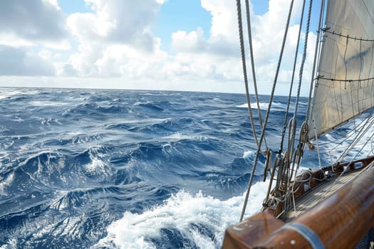 A sailboat is pictured in the center of a large body of water. The sails are filled with wind, propelling the boat forward under a clear blue sky. The water around the boat is calm and expansive, stretching out to the horizon.