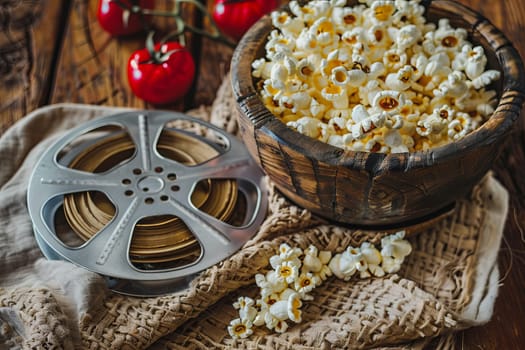 A wooden bowl filled with fluffy popcorn sits next to a vintage movie reel on a table. The popcorn is freshly popped and the movie reel is set for a movie night.