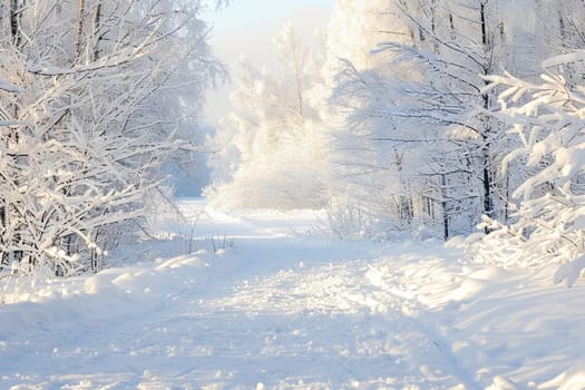 A snow-covered road cutting through a dense forest, surrounded by tall trees with branches coated in snow. The road appears untouched, with no tire marks, and the forest is still and silent.