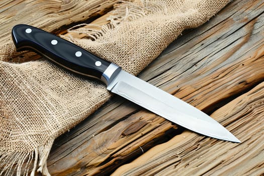 A large knife is placed on a wooden table in a straightforward and simple composition. The knifes sharp blade contrasts with the smooth surface of the table.