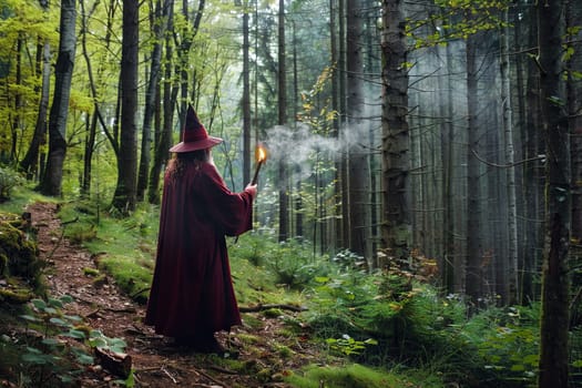 A wizard dressed in a red robe stands in a forest, holding a wand in his hand. The mystical figure appears to be casting a spell or performing magic in the natural surroundings.